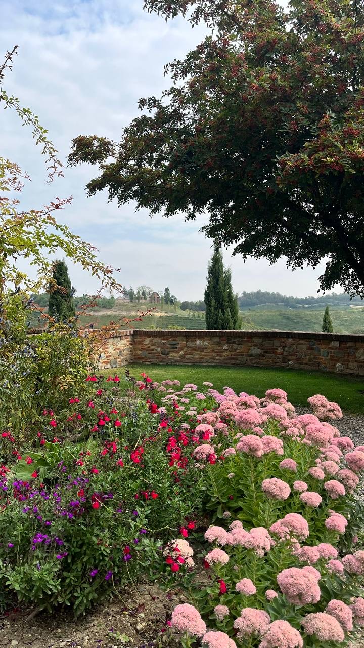 Giardino fiorito con muretto in mattoni e cipresso