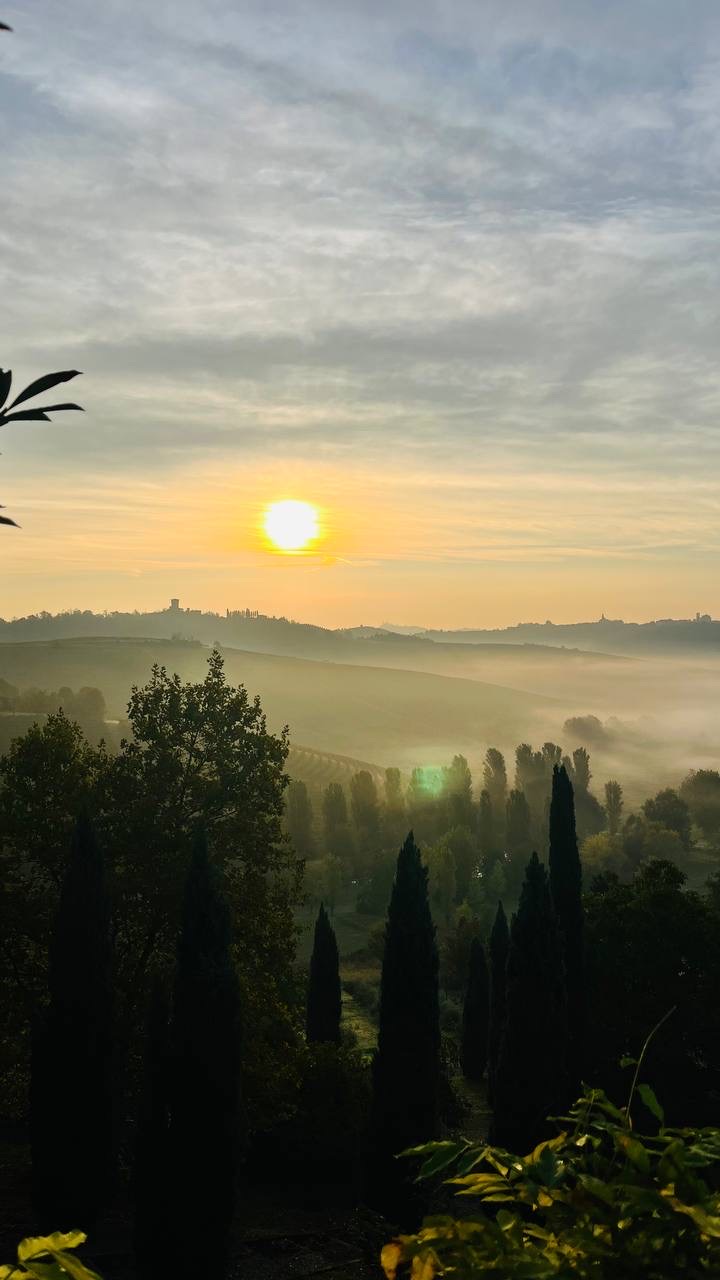 Il sole sorge sulla nebbia tra le colline del Monferrato